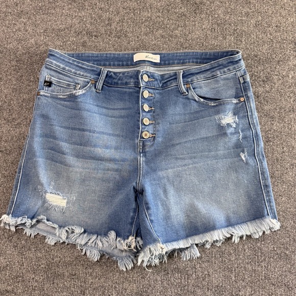 KanCan Pants - KanCan Denim Shorts Sz 2XL Blue Button Fly Raw Hem Distressed High Rise Stretch